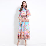 Popular trade women's clothing 2025 court style retro flower printing long-sleeved ruffle edge long dress chiffon two-piece set