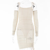 2025 perspective pleated sexy suspender short skirt women's  summer new long-sleeved waist thin backless dress