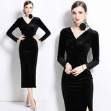 Black golden velvet dress for women's autumn and winter popular new V-neck long-sleeved hip-wrapped temperament slim long skirt