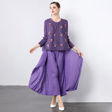 Miyake three-dimensional flower decoration versatile pleated cardigan top plus irregular loose pleated pants fashion suit