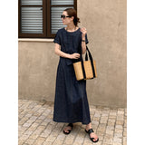2025 THE MIND denim short-sleeved dress 2025 thirteen lines summer new Korean simple A-shaped long dress T5006X