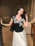 2025 summer new versatile round neck bottoming knitted sweater three-dimensional flower short-sleeved T-shirt women's top 25E05