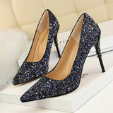2025 9219-12  style fashion sexy nightclub women's shoes metal heel stiletto high heel light mouth pointed sequin single shoes