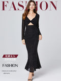 Real shot, new autumn and winter products, full body drill mesh, high elastic waist, sexy hip-wrapped fishtail skirt, long sleeves with chest pads