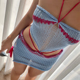 HULIANFU New summer new 2025 style contrasting color hanging neck strap tube top knitted sexy hip skirt knitted suit women