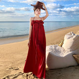 2025 temperament red heavy industry suspender dress women summer thin white seaside vacation beautiful big swing dress