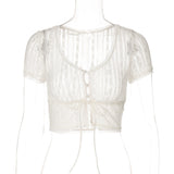HULIANFU 2025 ins style new hot-selling sexy lace ultra-short open button splicing lace-up perspective cardigan slim T-shirt women's clothing