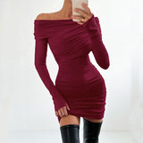 2025 Sexy slim cotton knitted one-word neck hip-wrapped high-waisted dress popular  autumn fashion new long dress