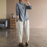 summer new literary and retro temperament fine plaid shirt women's large size wind embroidery national style buckle top