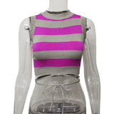HULIANFU New spring and summer  new knitted vest women's contrasting color striped round neck sleeveless retro knitted sweater short outer wear