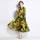 Qinghai Lake Travel Photography Ankle Dress Printed Chiffon Dress Large Size Long Sleeve Swing Seaside Holiday Beach Dress