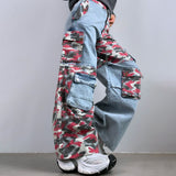 2025 Cross-border Popular trade 2025n high street camouflage splicing jeans women's winter new loose wide-leg jeans high sense
