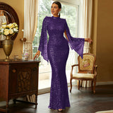 2025 high-end long-sleeved temperament round neck sexy long sequined banquet evening dress bridesmaid dress women