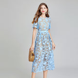 Real shot, summer water-soluble lace embroidery hollow round neck short-sleeved heavy industry temperament dress A-shaped skirt