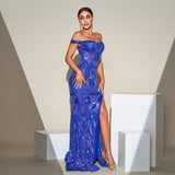 2025 new high-end temperament sleeveless one-word collar banquet hip-wrapped sequined split evening dress dress women