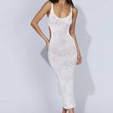 HULIANFU  ins wind sexy vacation long dress sleeveless suspender waist hollow side split halter knitted dress women