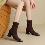 2025  Small short boots women's thick heel sweet cool wind commuter suede thin boots metal square head niche design elastic boots