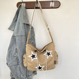 HULIANFU 2025 Women's bag new large-capacity canvas casual messenger five-pointed star contrasting color drawstring Korean version shoulder bag student satchel