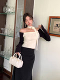2025 popular autumn new pure desire one-word shoulder rose scarf long-sleeved knitted sweater women's top 23198