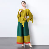Miyake Fashion Contrasting Color Suit Women's  New Loose Irregular Top Skinny Wide Leg Pants Folded Two-piece Set