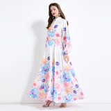 2025 new niche court  dress with waist and thin lantern sleeves single-breasted long printed dress