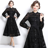 Court style dress women's clothing  new  heavy industry lace splicing stand-up collar single-breasted waist dress skirt