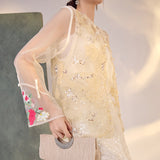 New New Chinese Style Flower Embroidery Sequins Heavy Industry Embroidery Pearl Mulberry Silk Vest Shirt Set M4133