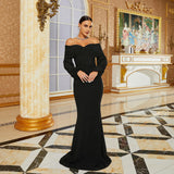2025 women's clothing new high-end long-sleeved one-word collar off-the-shoulder banquet fishtail evening dress bridesmaid dress dress