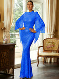 2025 high-end long-sleeved temperament round neck sexy long sequined banquet evening dress bridesmaid dress women