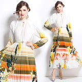 high-end elegant dress women's fashion beaded round neck hollow pleated lantern sleeve waist printed long dress