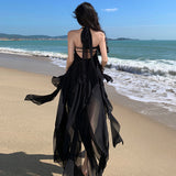 2025 Sanya seaside vacation dress sexy pure desire irregular skirt halter split neck black beach dress