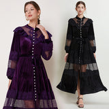 Court style dress women's  retro fashion stand-up collar pearl single-breasted lace splicing velvet pendulum dress
