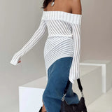 HULIANFU New autumn 2025  new  off-the-shoulder long-sleeved design sense knitted wool slim-fitting outerwear top women