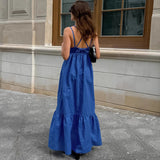 2025 holiday style blue cotton and linen V-neck suspender backless dress  Popularan, n spring and summer new New long dress