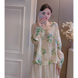 Literary and retro printing temperament V-neck Zen shirt  summer new tea clothes cotton and linen cool wind shirt women
