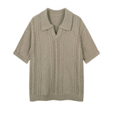 232 n retro high-end street lazy hollow design knitted sweater loose men's lapel short-sleeved T-shirt