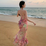2025 Sanya Thailand seaside vacation dress Banna travel photo design halter neck floral beach dress