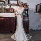 2025 Satin light wedding dress  new bridal long-sleeved simple fishtail  door dress welcome engagement dress spring
