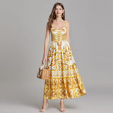 Majorica print positioning suspender slim waist dress, back rubber band A-shaped dress looks thin and fashionable