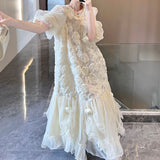 2025 spring and summer court style three-dimensional flower silk dress loose mulberry silk fairy dress