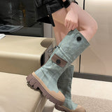 2025  High boots cowboy blue popular new British knight boots thick heel boots