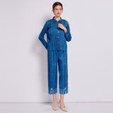 Miyake imitation denim print pleated suit women's popular spring and autumn fashion casual short jacket pants two-piece set thin