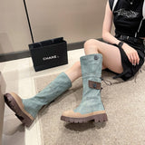2025  High boots cowboy blue popular new British knight boots thick heel boots