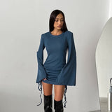 2025 Autumn sexy temperament fashion crew neck flared sleeve tight lace-up dress  knitted solid color skirt
