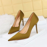 2025 1983-1 Korean version of fashionable and simple high heels, stiletto high heels, shallow mouth pointed nightclub sexy and thin satin single shoes
