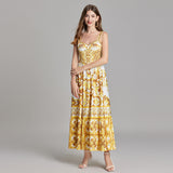 Majorica print positioning suspender slim waist dress, back rubber band A-shaped dress looks thin and fashionable