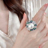 2025 Emerald sunflower pearl ring female heavy industry zircon inlaid high sense celebrity elegant bead open ring