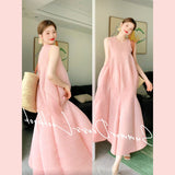 Miyake pink bud long dress temperament loose and thin fairy skirt seaside vacation sleeveless vest dress female summer