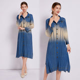 Miyake retro imitation denim print pleated dress new long sleeve popular spring and summer new fashion casual dress
