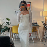 HULIANFU 2025 New spring new temperament slim-fit chest-wrapped lace-up waist splicing lace long-sleeved hip-wrapped dress women